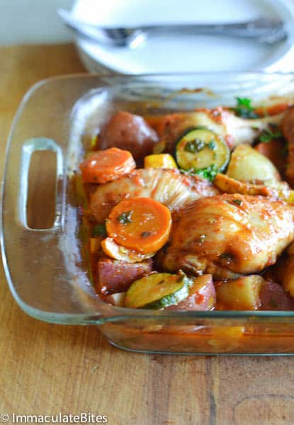 Roasted chicken on vegetables