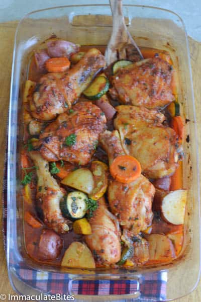 Roasted chicken on vegetables