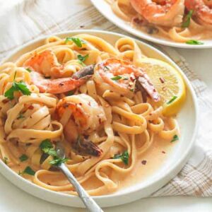 Creamy Bacon Fettuccine Shrimp Scampi