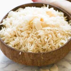 Coconut Rice in a wooden bowl