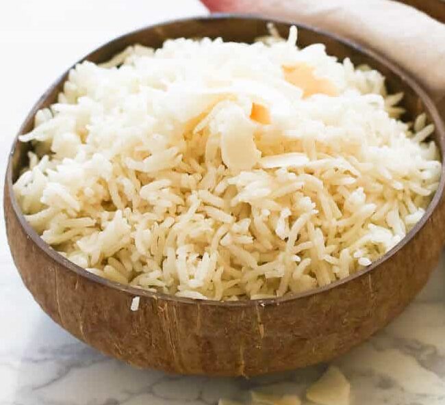 Coconut Rice in a wooden bowl