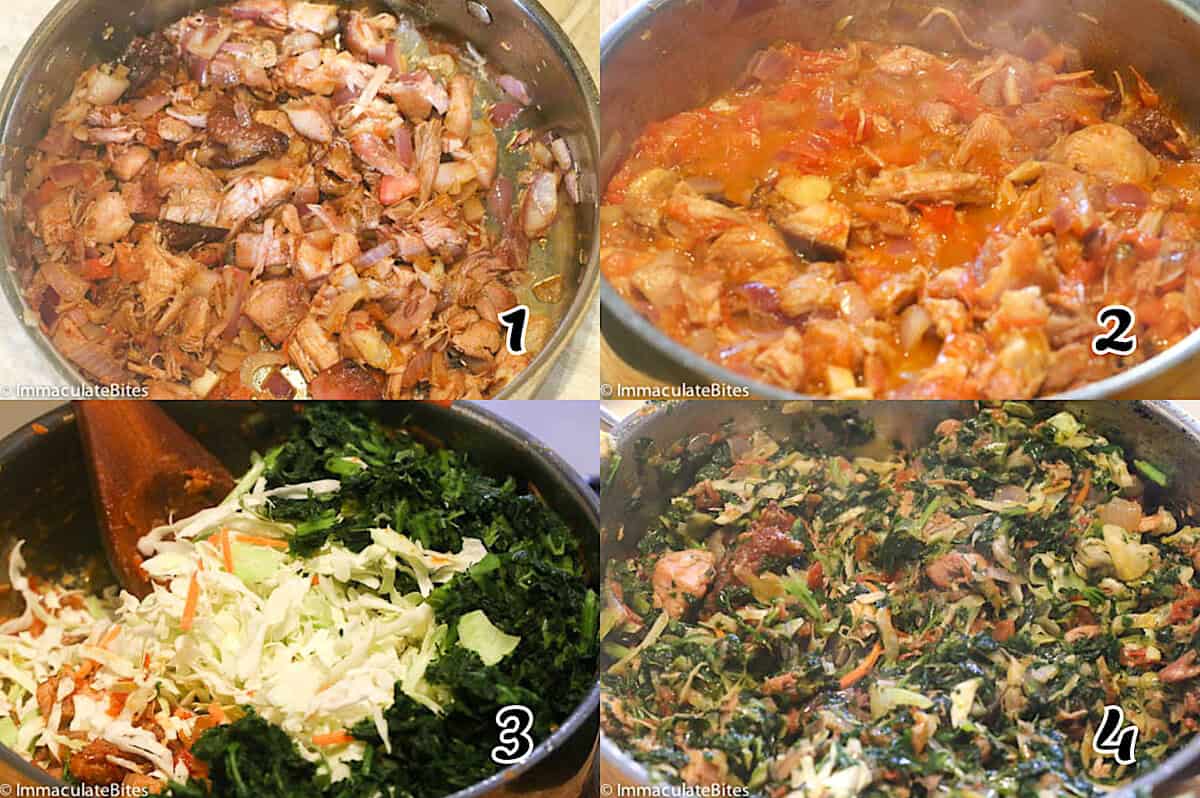Saute the turkey, the seasonings, then add the spinach, kale, collards, cabbage, etc. and simmer until tender