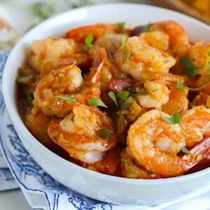 A decadent bowl of Caribbean curried shrimp