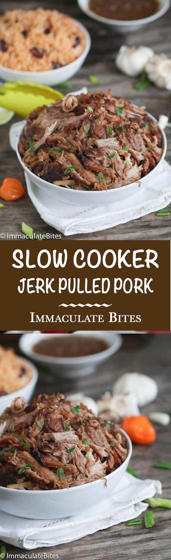 Company worthy slow cooker Jerk pulled pork- Seasoned with Jerk Spice and Slowly cooked with Jerk marinate and Pineapple . Easy, tender, incredibly Flavorful.
