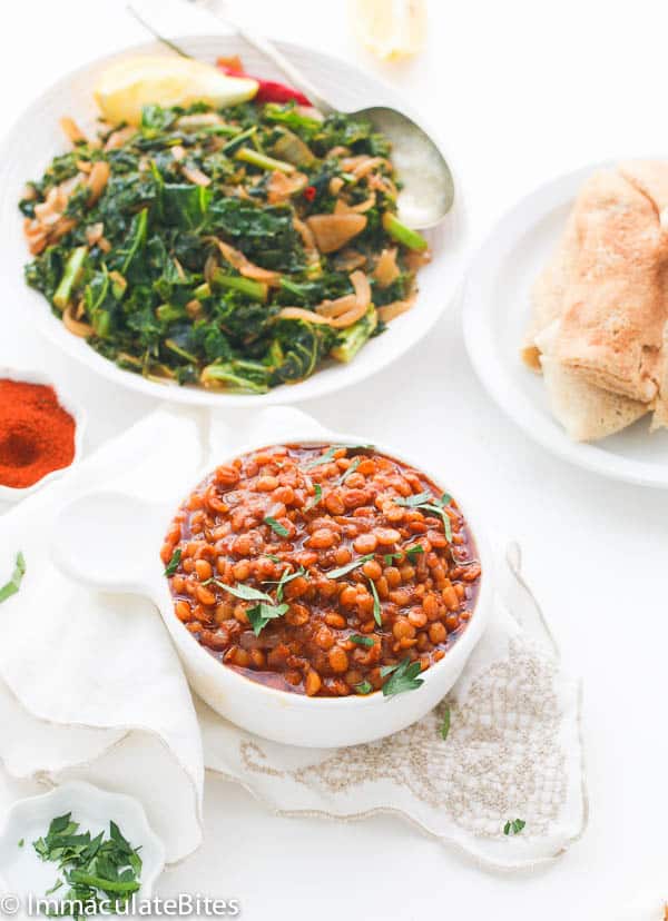 Ethiopian Lentil Stew served with Ethiopian collard greens and injera