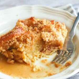 A square of French toast bake on a white plate