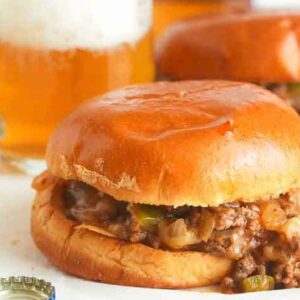 Philly Cheese Steak Sloppy Joes with a cold beer