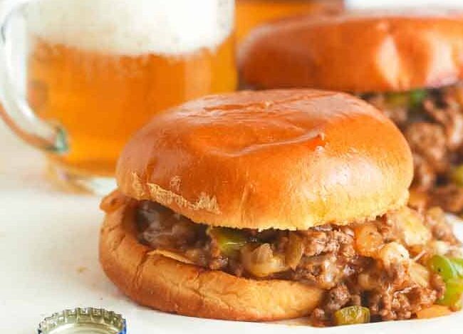 Philly Cheese Steak Sloppy Joes with a cold beer