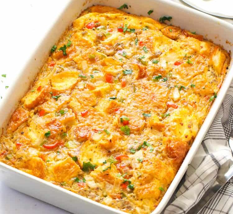 Sausage Egg Casserole fresh from the oven ready for breakfast, lunch or dinner