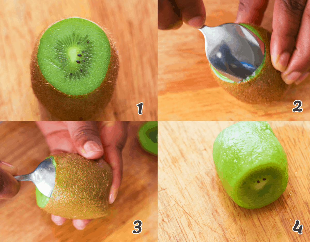 Slice off the ends, then peel the kiwi with a spoon