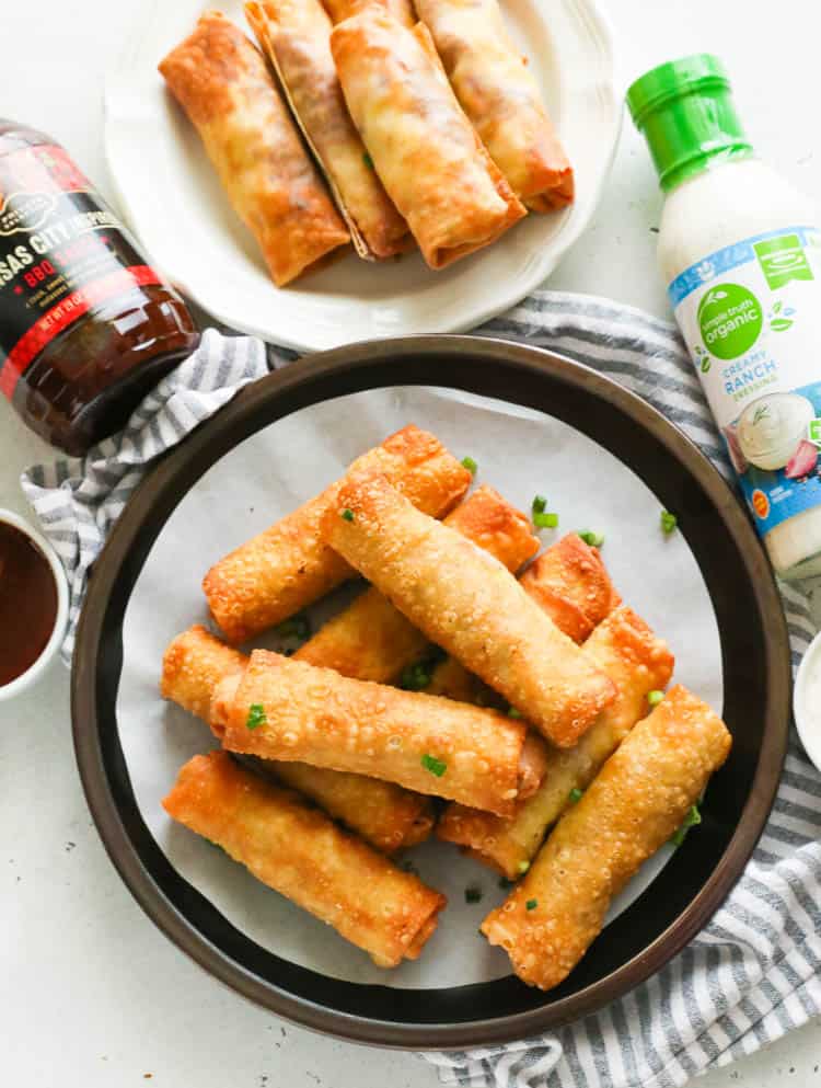 Deep-fried and Air-fried Pork Egg Rolls in Plates