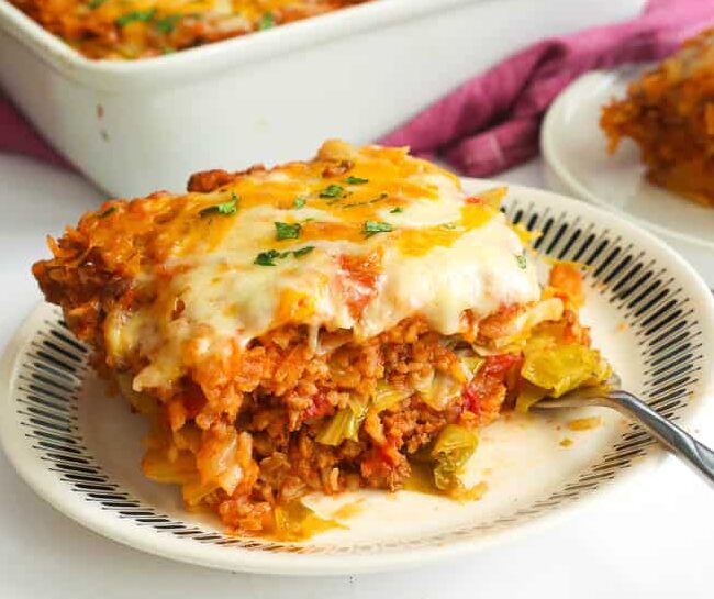 Enjoying slice of cabbage roll casserole