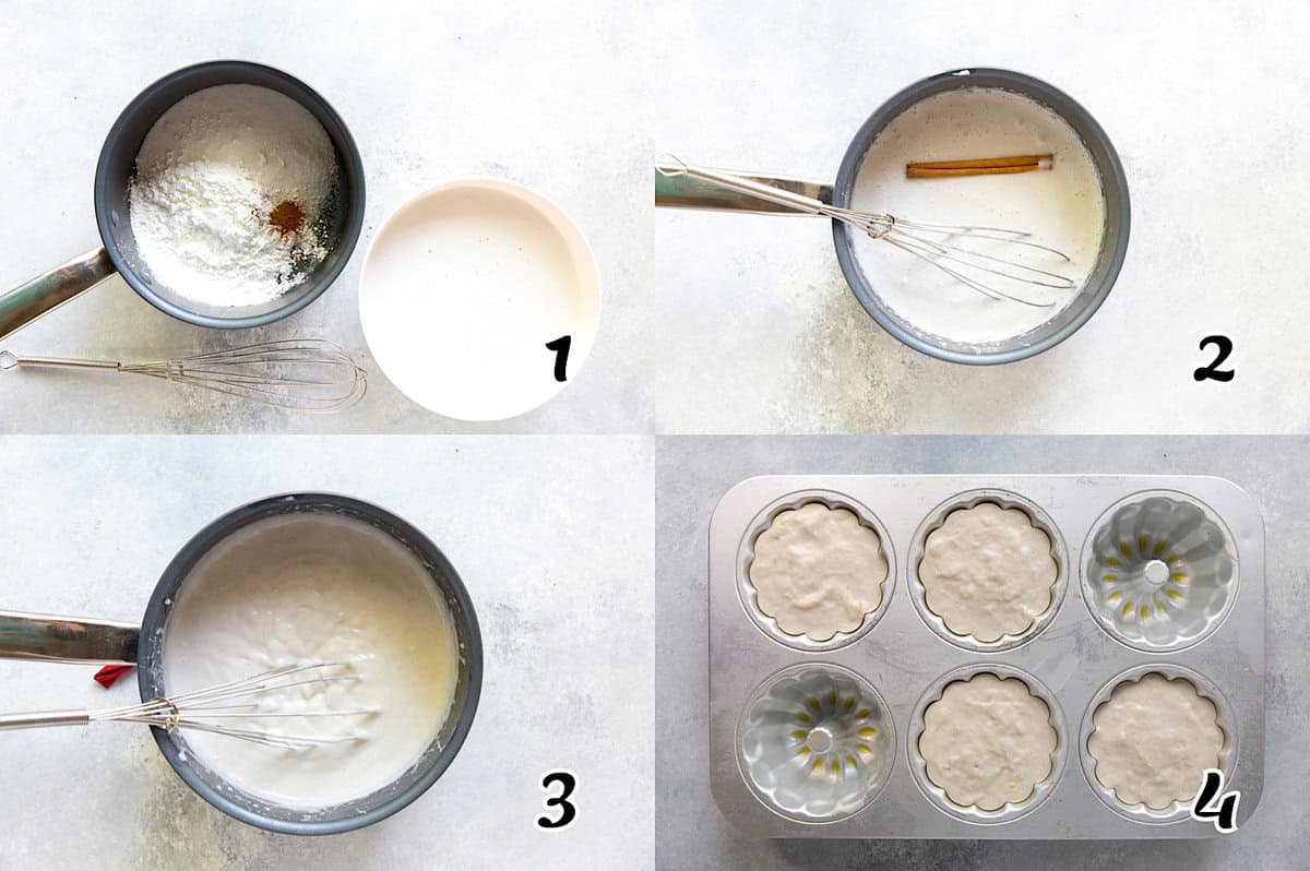 Mix the cornstarch and sugar, add the milk and cinnamon stick, and simmer until thick