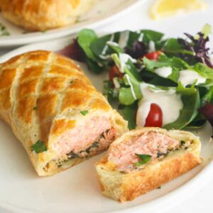 Easy and delicious Salmon Wellington sliced and ready to enjoy