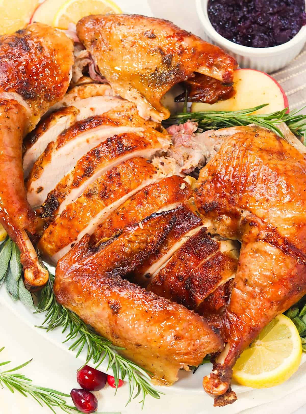 Cajun Roast Turkey sliced and ready to enjoy for a spicy holiday dinner