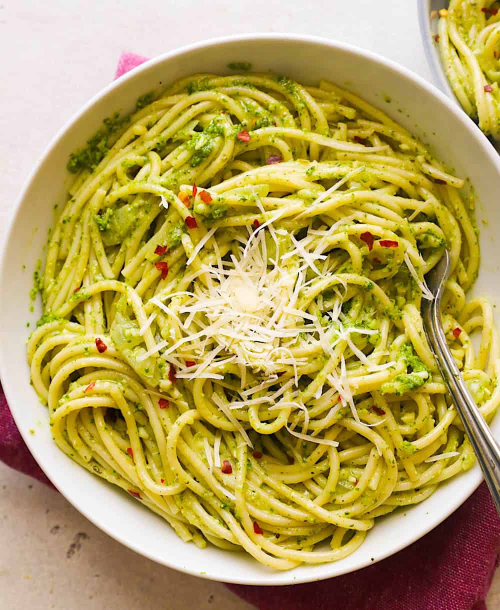 Serving up insanely good pesto pasta for a light and healthy lunch