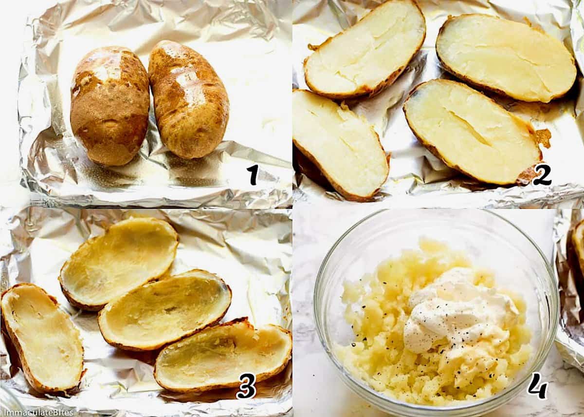 Bake the spuds, the remove the insides and mash with sour cream and cream cheese