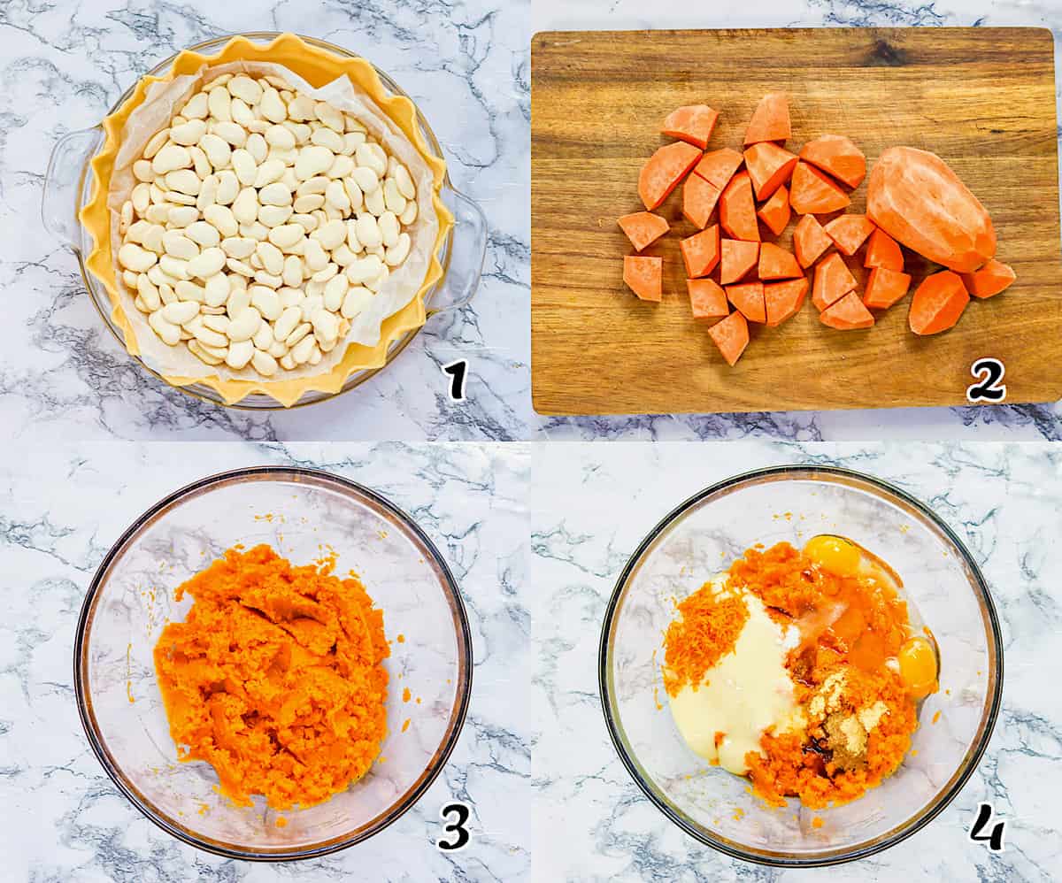 Prep the pie crust, cook the sweet potatoes, and mix all the filling ingredients