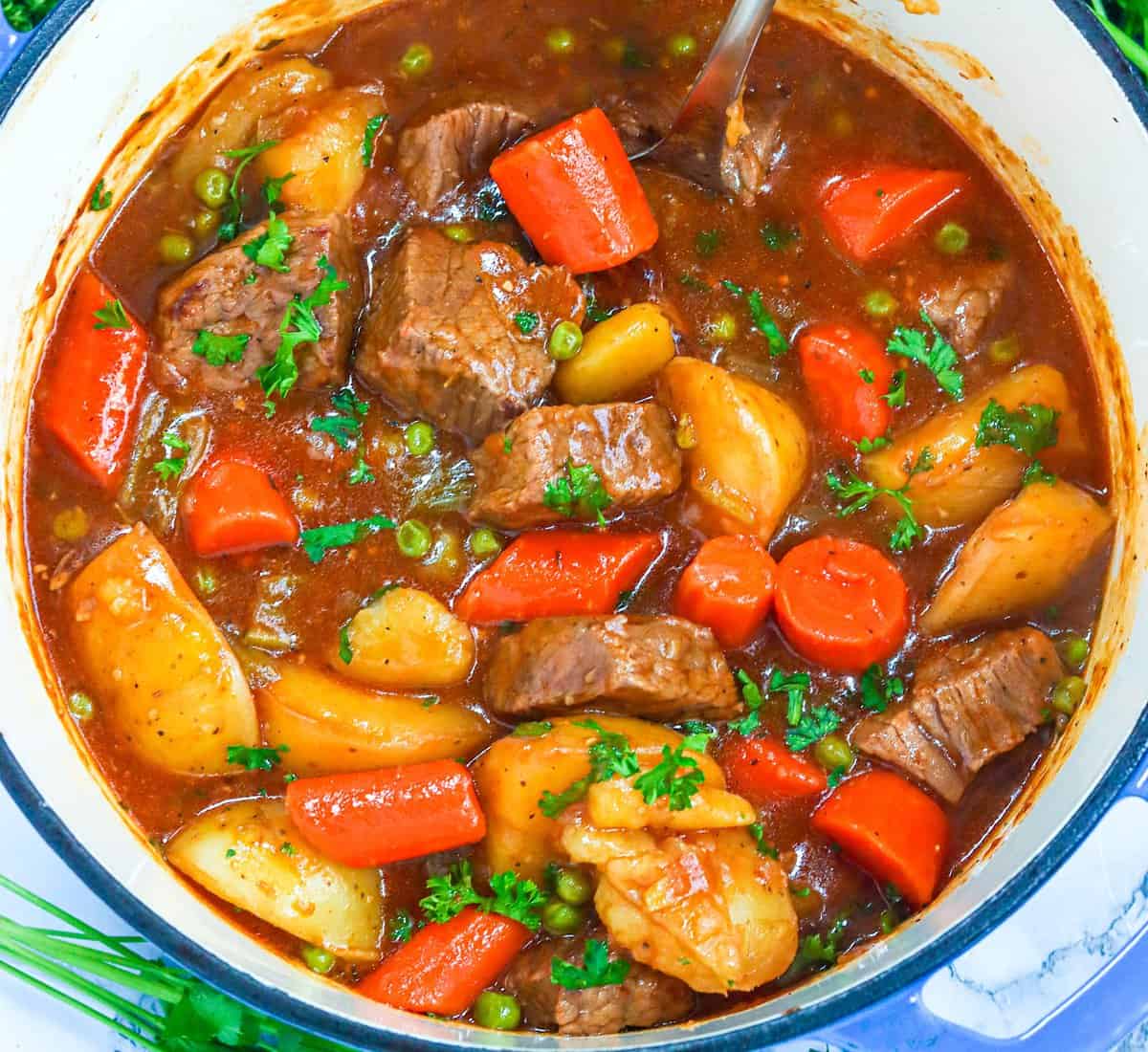 Comfort food beef stew in a Dutch oven steaming hot and ready to serve