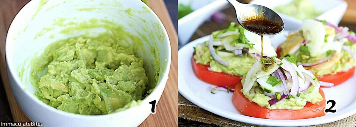 After making the salad, mash the avocado, assemble the tomato slices, and drizzle with the dressing