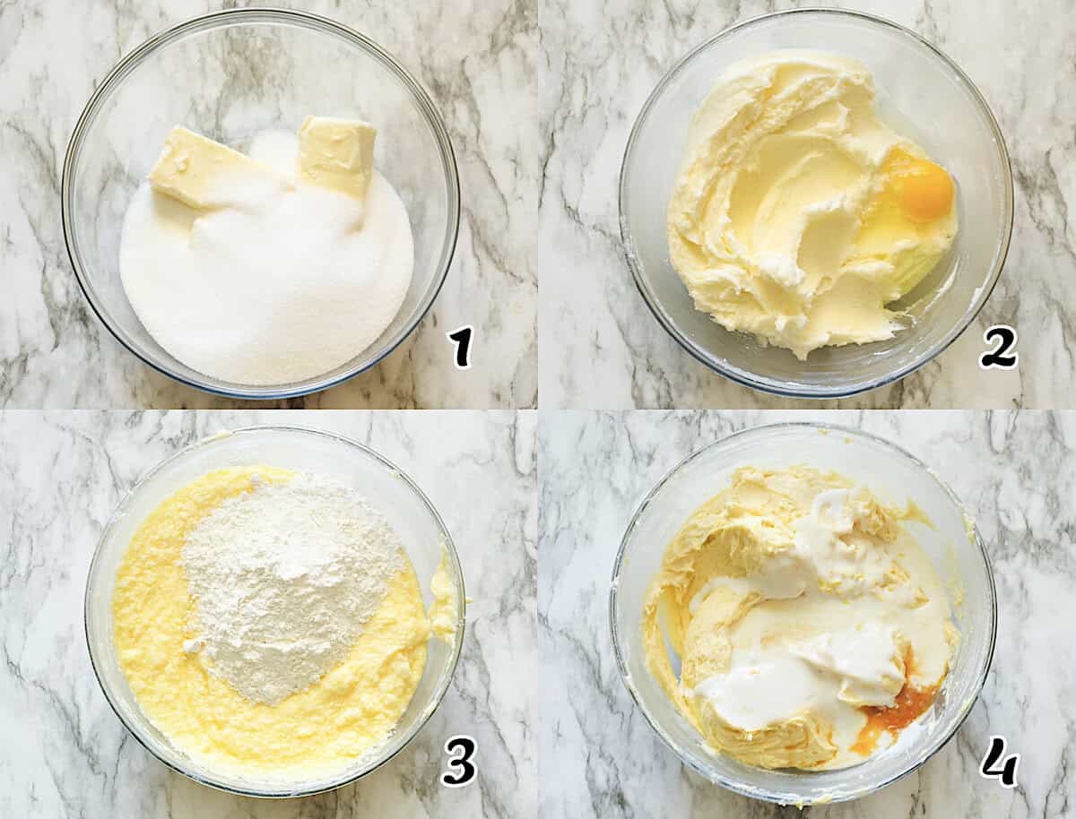 Mix the dry ingredients, cream the butter and sugar, add the eggs, and mix it all together