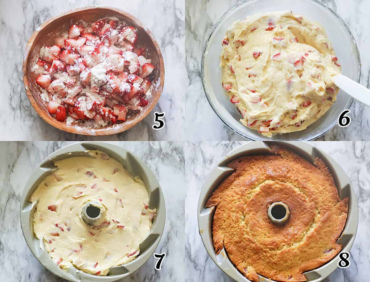 Coat the strawberries in flour, add to the batter, and bake