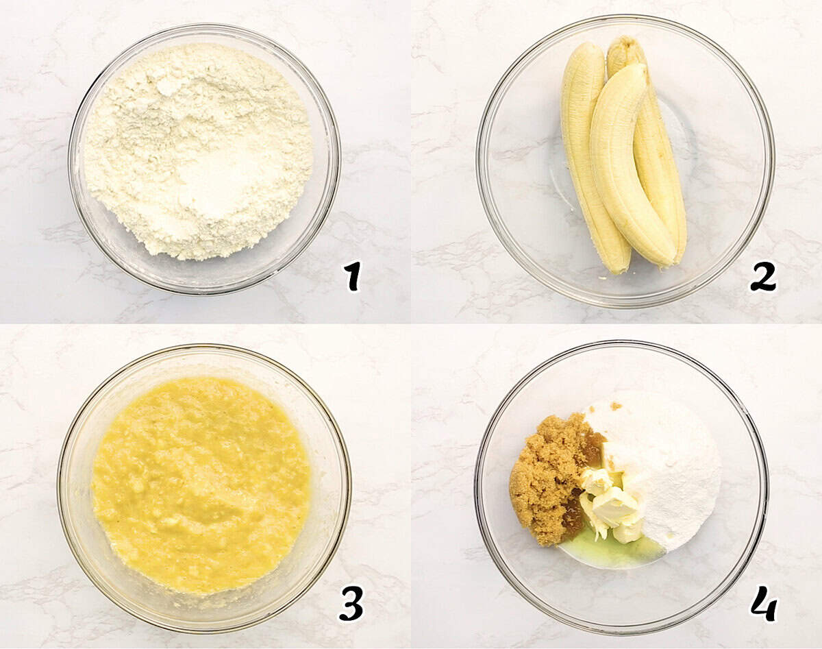 Mix the dry ingredients, mash the bananas, and cream the butter and sugar