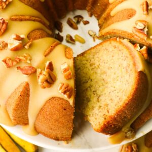 Slicing up a freshly made banana bundt cake