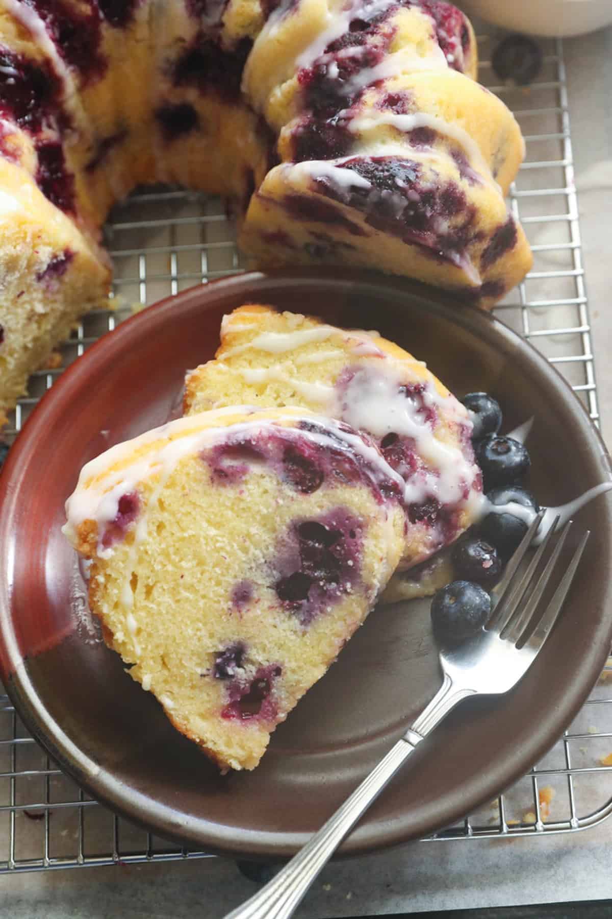 Enjoying a bite of moist, tender blueberry bundt cake