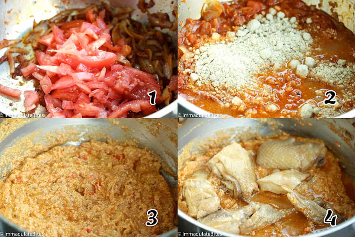 Saute seasonings, add egusi and cooked meat