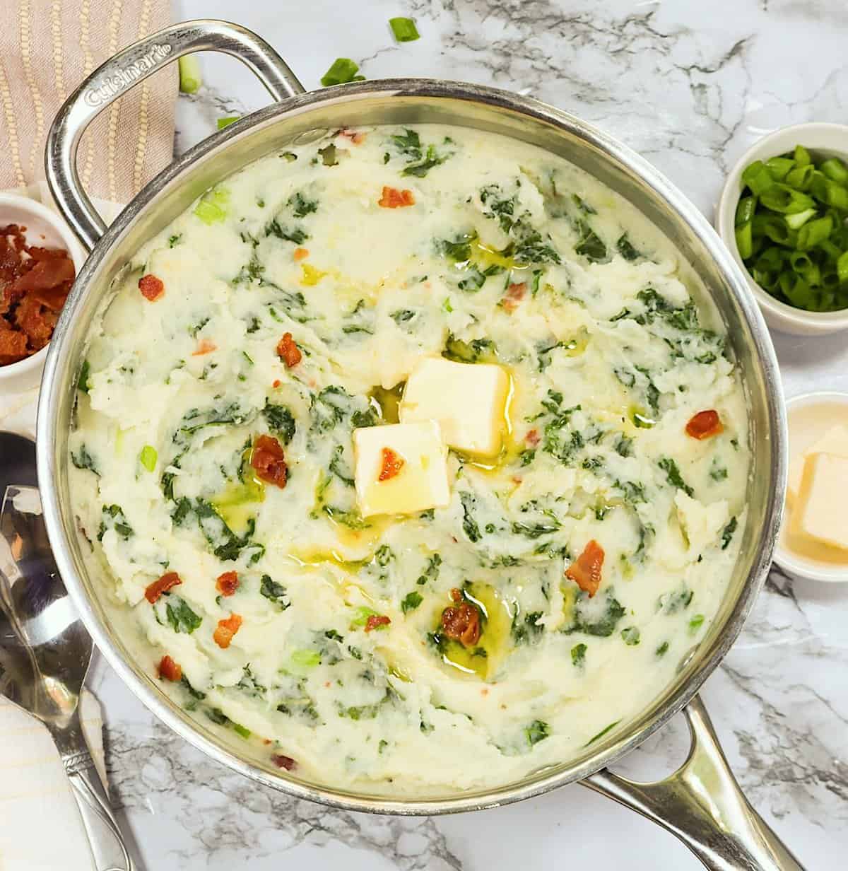 A pot full of insanely good colcannon mashed potatoes