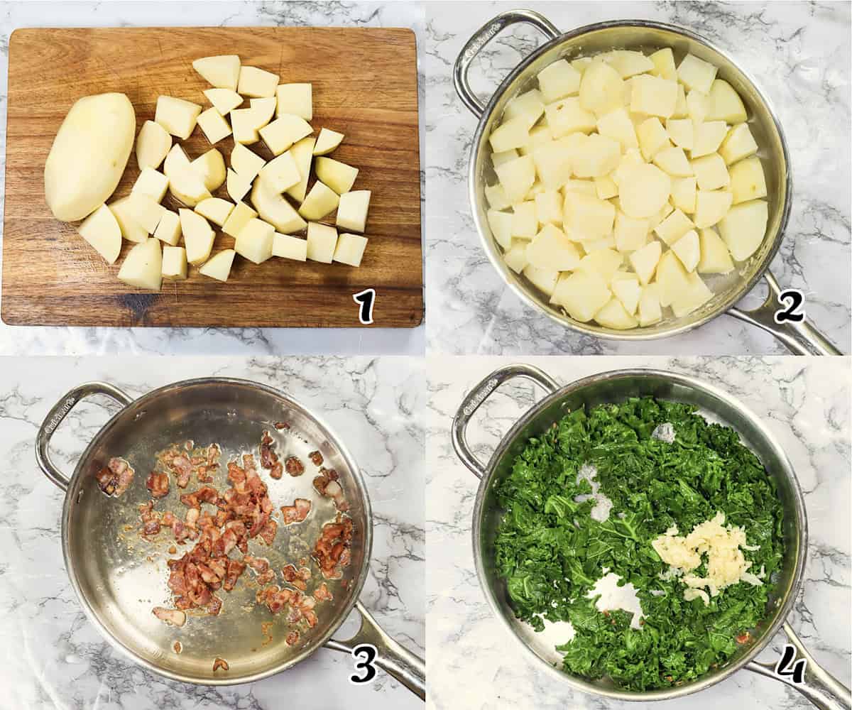 Cook potatoes, fry bacon and saute kale or cabbage