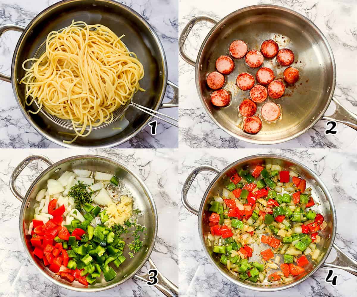 Cook the pasta and saute the sausage and veggies to make the sauce