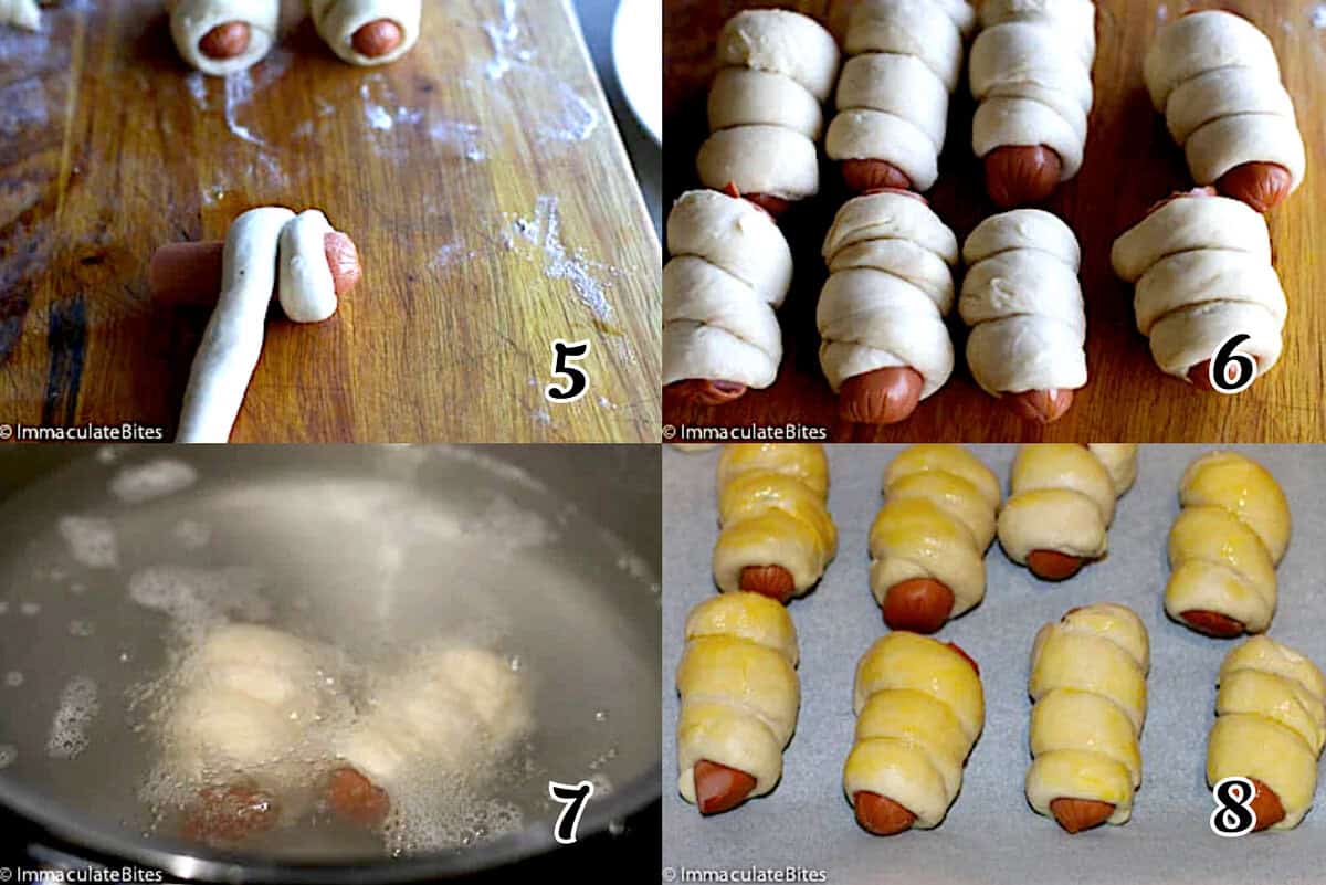 Wrap the dogs, boil, then brush with egg wash and bake