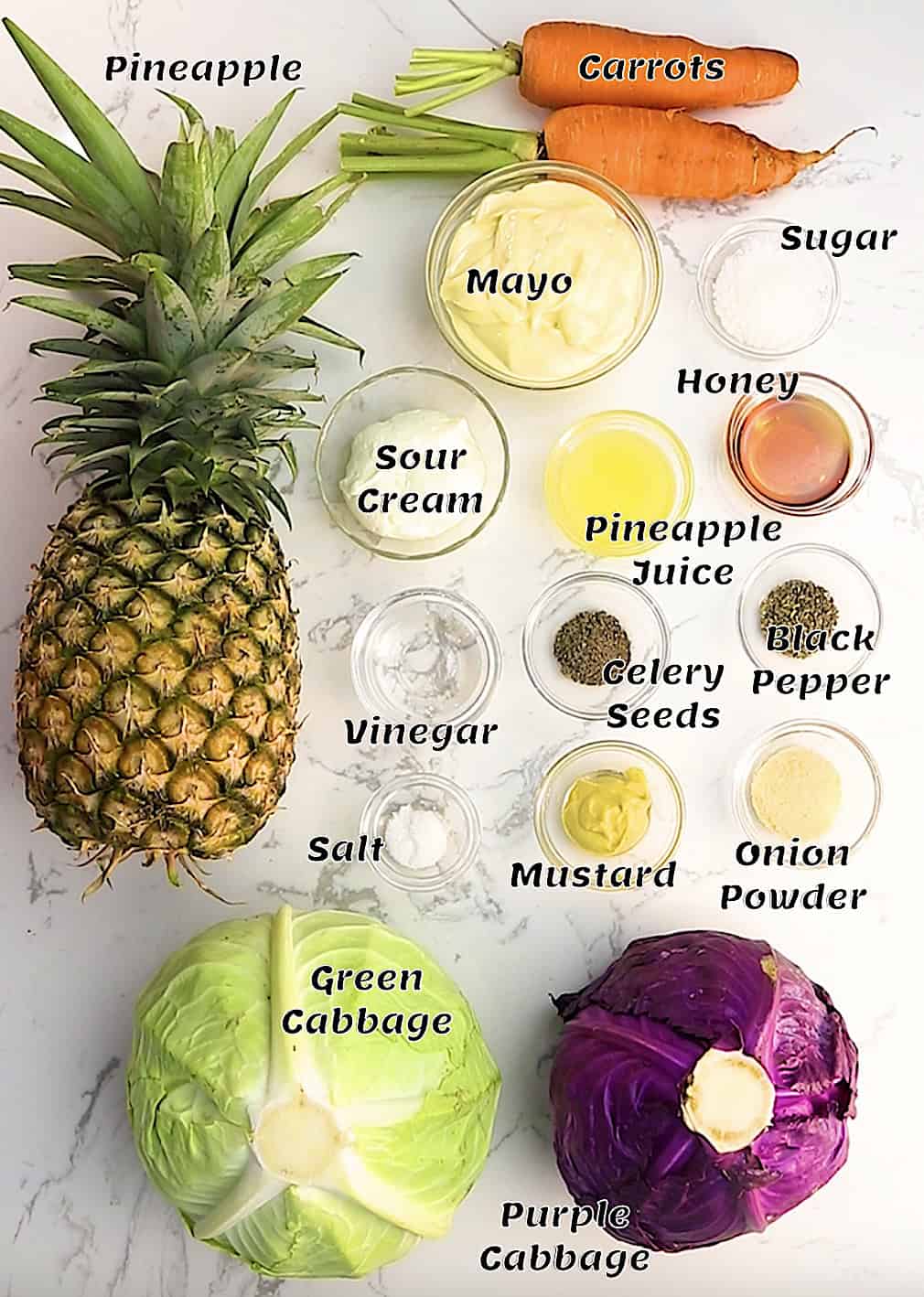Ingredients for crispy pineapple coleslaw