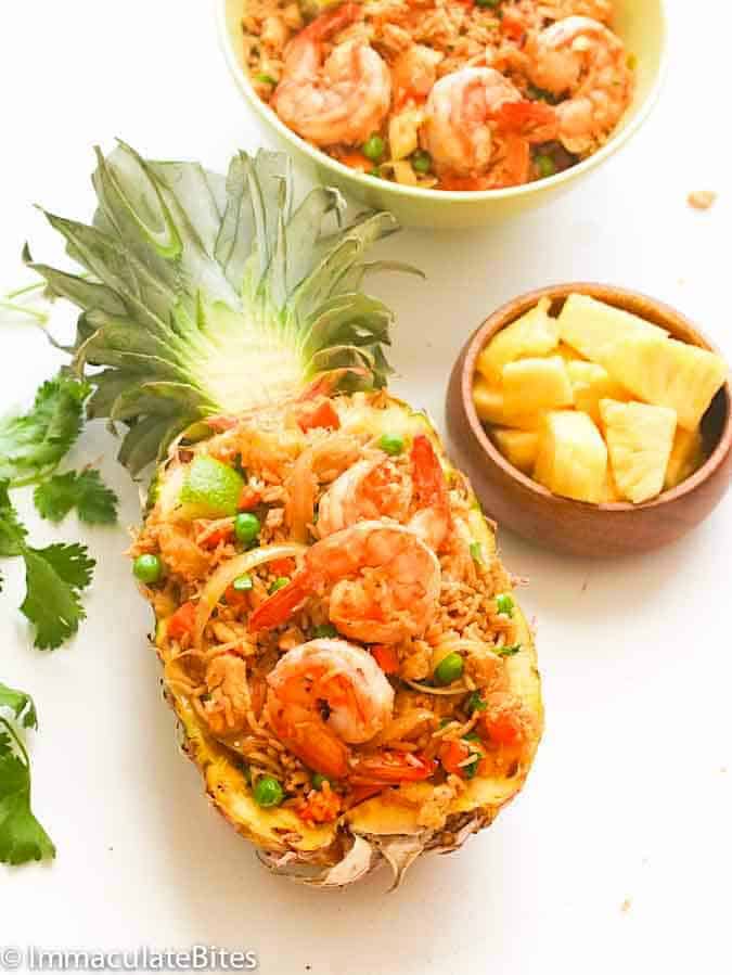 Delicious pineapple fried rice in a hollowed out pineapple