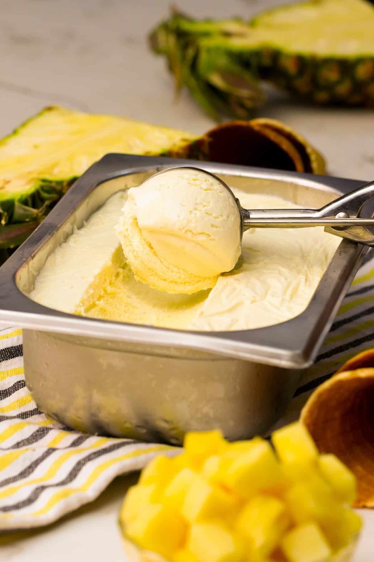Serving up a scoop of decadent no-churn pineapple ice cream