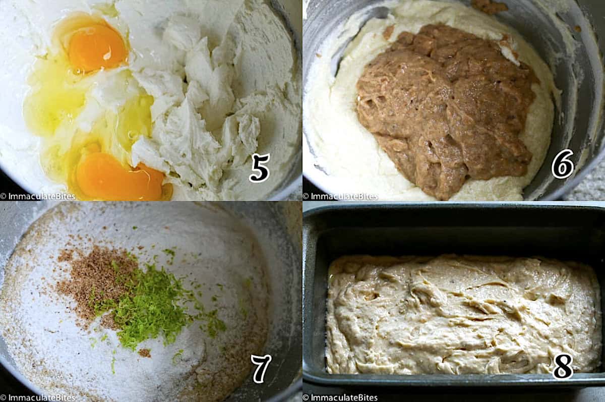 Add the eggs, add the fruit, mix all the ingredients and pour into the loaf pan