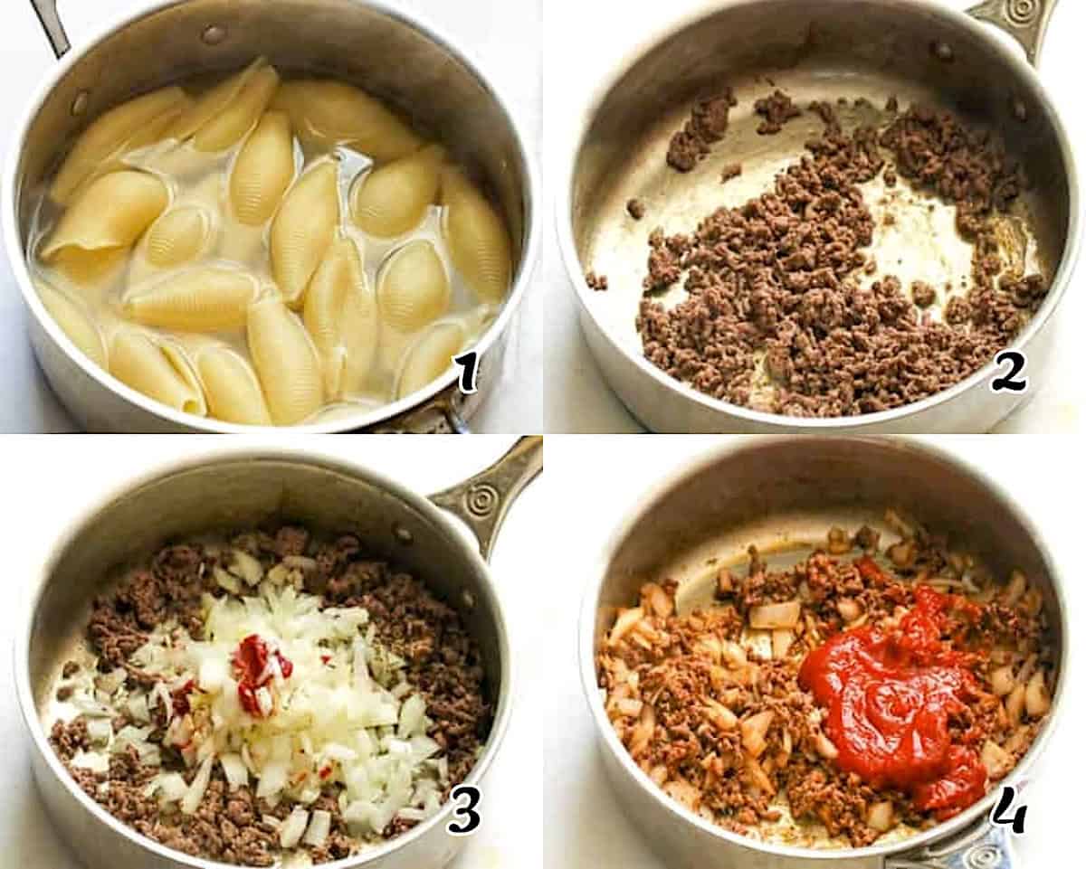 Cook the pasta, brown the meat, and make the sauce