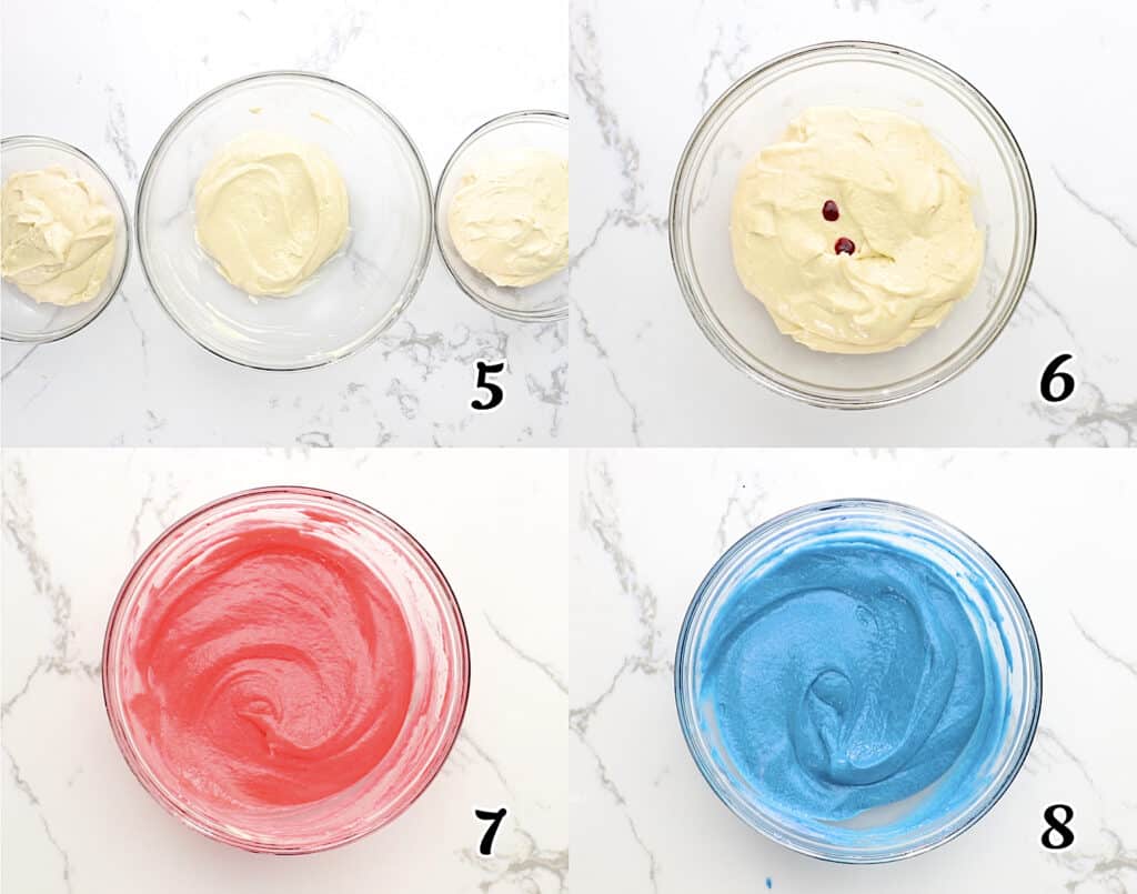 Divide the batter into three and add food coloring to two of the bowls
