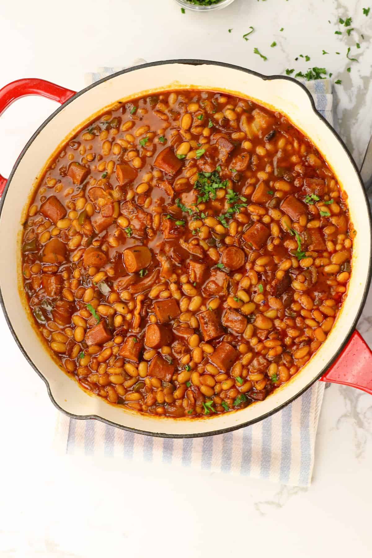 Fresh off the stove pot of frank and beans for a quick family favorite