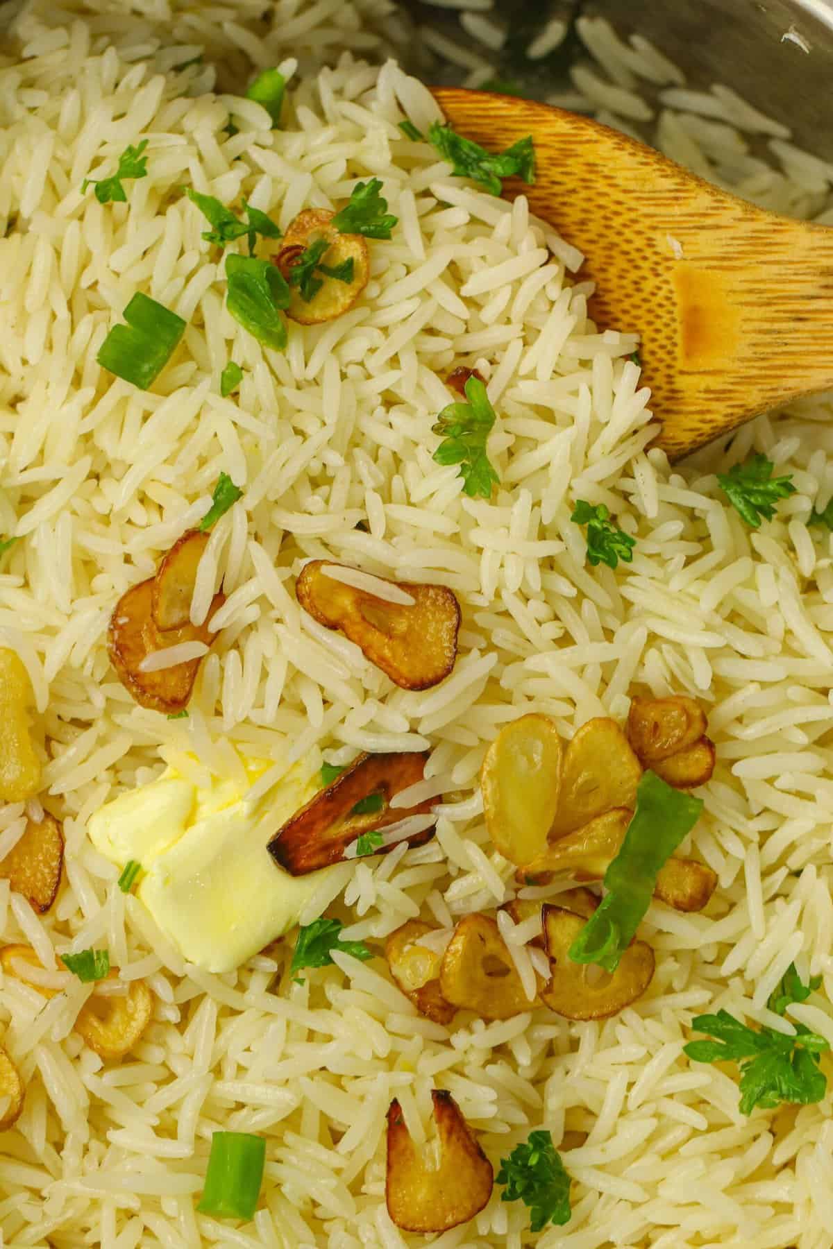 Tender, garlicky rice topped with fried garlic slices for a super delicious side