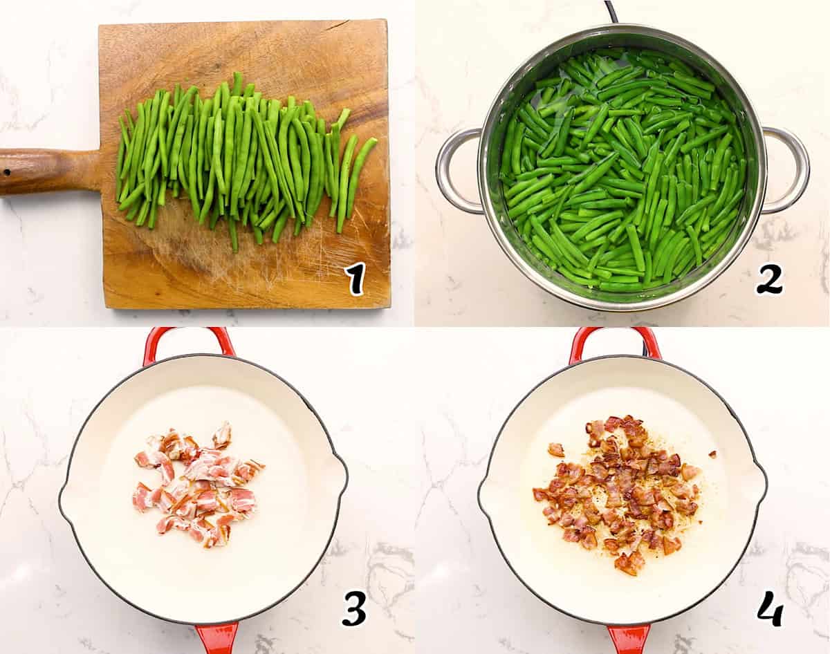 Blanch green beans and saute bacon