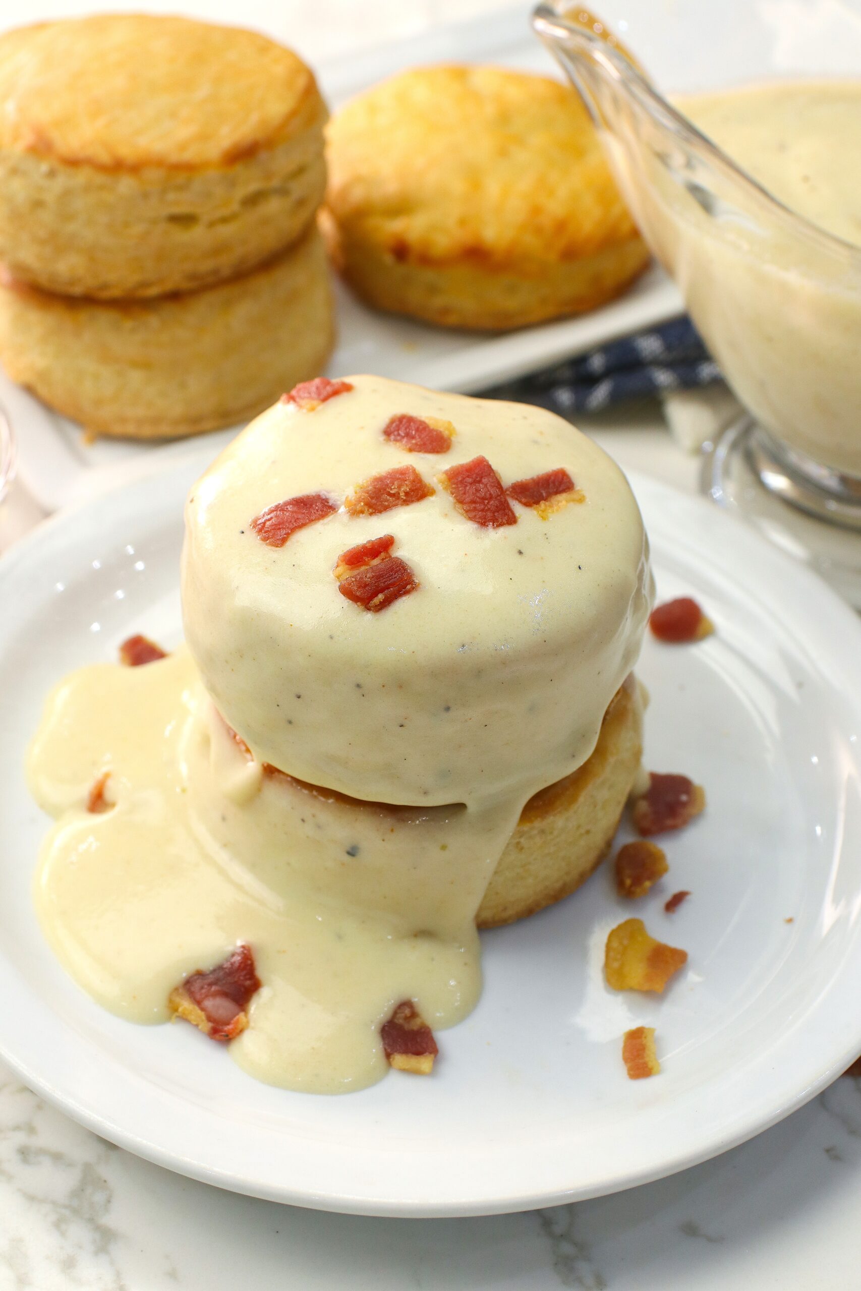 Comfort food biscuits smothered in amazing bacon gravy