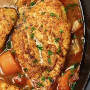 Ridiculously tender and juicy braised chicken breasts fresh from the oven