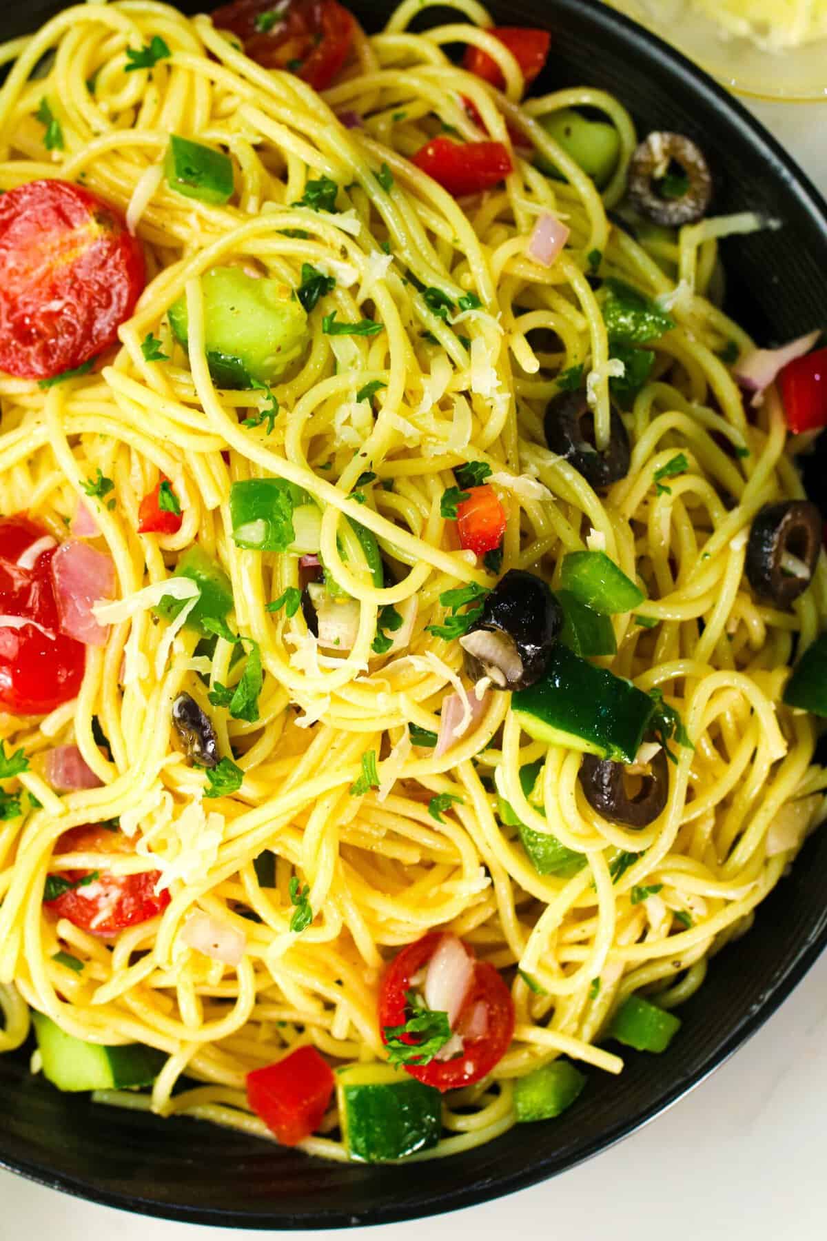 Enjoying a fresh summer California spaghetti salad