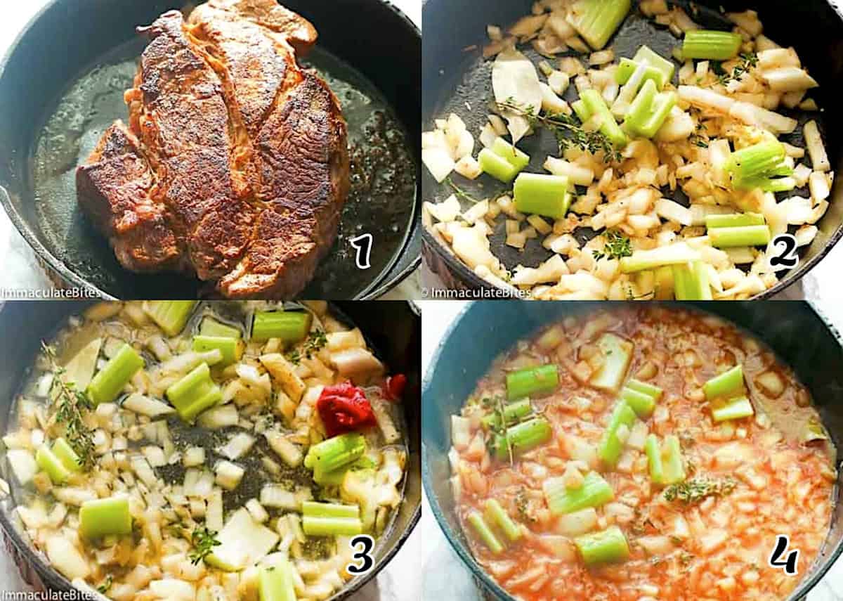 Sear the beef, saute the veggies, and assemble in the crock pot