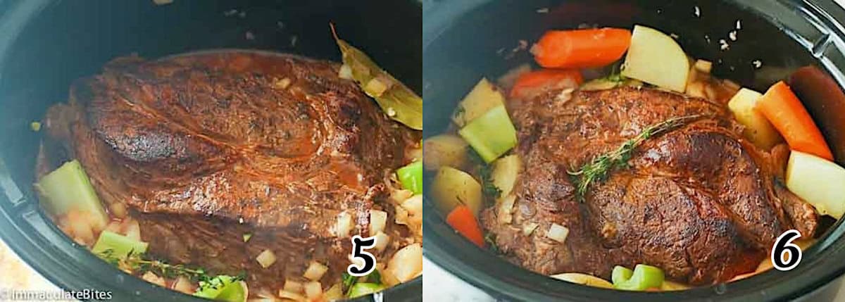 Add the seasonings to the crock pot, then add the carrots and potatoes and set it and forget it