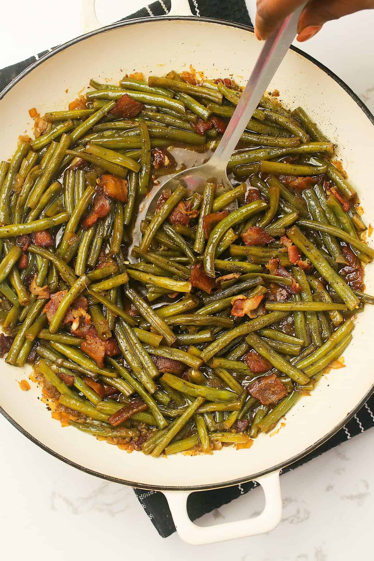 Fresh from the stove smothered green beans for a classic Southern side