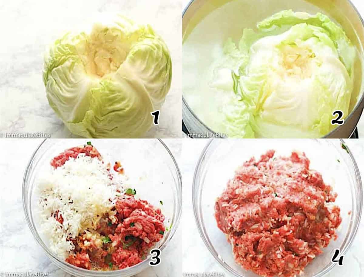 Remove the core of the cabbage and blanch the leaves. Then mix all the ingredients together.